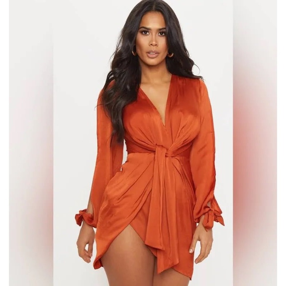New PrettyLittleThing Rust Satin Twist Front Open Sleeve Wrap Dress Size 4